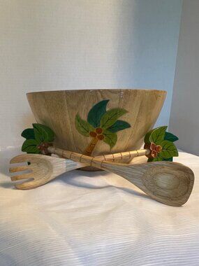 Clay Art Hand-Painted Wooden Salad Bowl w/Serving Spoons